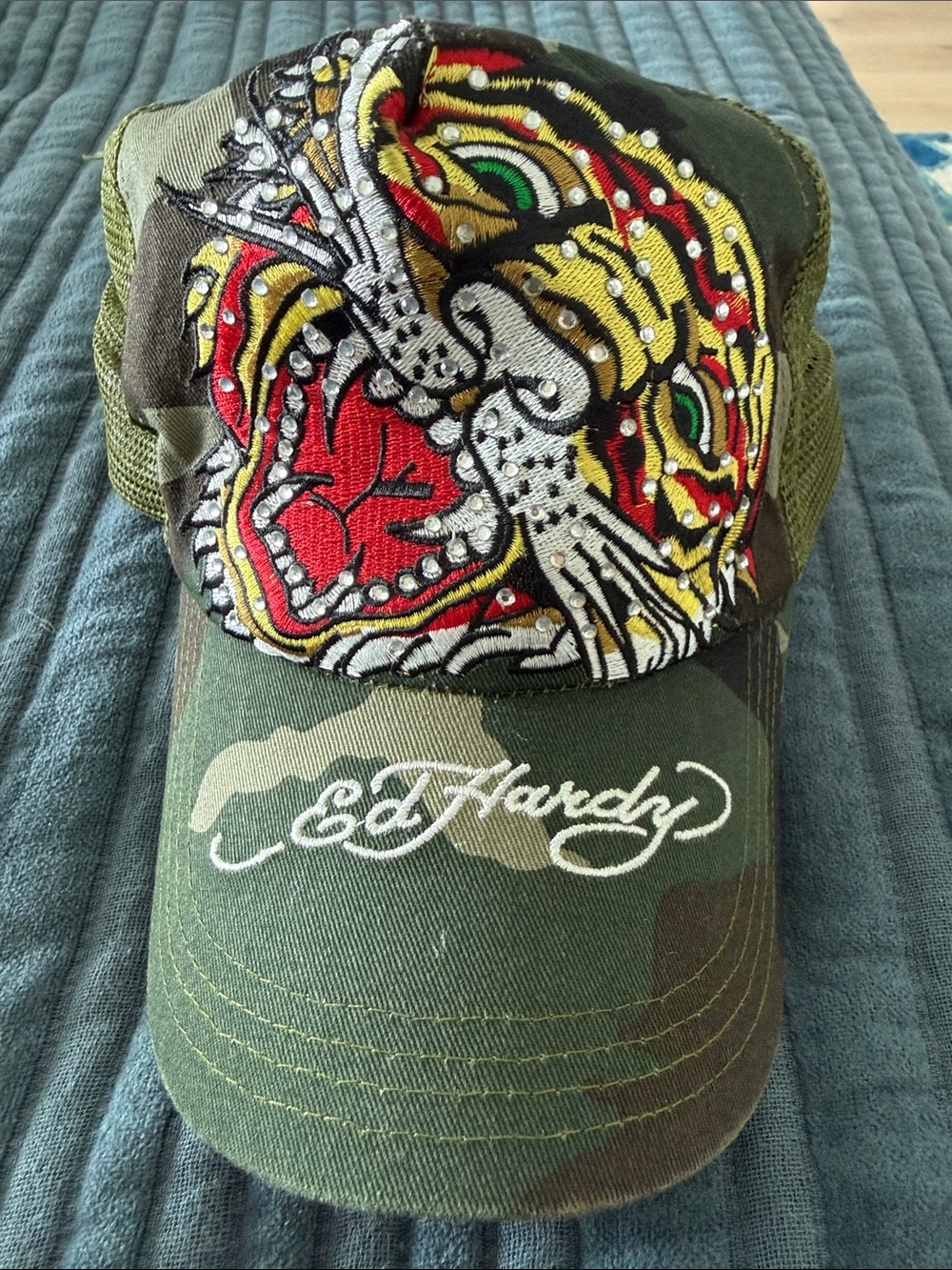 Ed Hardy Camo Trucker Hat with Embroidered Tiger - Green/Red/Yellow